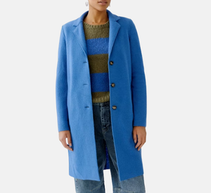 Oui - Single Breasted Boiled Wool Coat in Blue