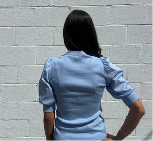 Veronica Beard - Mixed Fabric Top with Puffed Sleeves in Light Blue