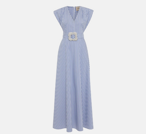 Theo - Echo Beaded Belt V-neck Shirtdress in Blue Stripe