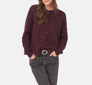 Repeat - Cable Cardigan Sweater with Fringe in Merlot