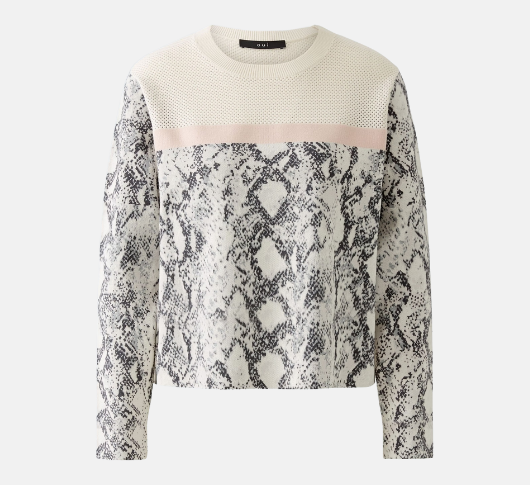 Oui - Snake Print with Mesh Crew Neck Top in White and Black