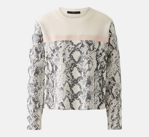 Oui - Snake Print with Mesh Crew Neck Top in White and Black