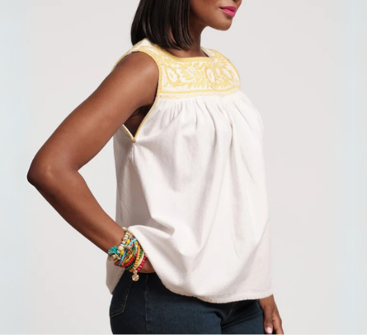 Frances Valentine - Floral Embroidery Tank Top in White and Yellow