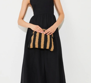 SUNCOO - Raffia Striped Pouch Bag in Black and Beige