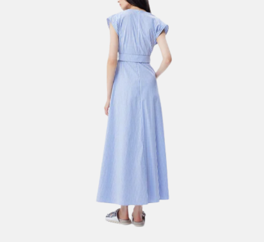 Theo - Echo Beaded Belt V-neck Shirtdress in Blue Stripe