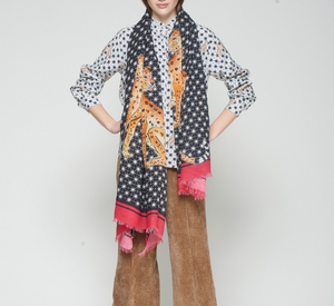 Vilagallo - Leopard and Star Print Scarf in Navy Multi