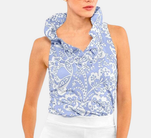 Gretchen Scott - Ruffneck Print Sleeveless Top in Periwinkle and White