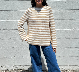 Oui - Striped Sweater with Side Zipper in Light Stone and White