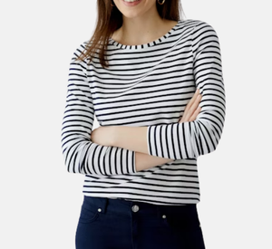 Oui - Stripe Long Sleeve T-Shirt in Dark Blue and White