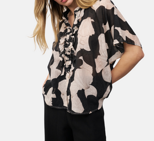 0039 Italy - Daisy Pattern Blouse with Ruffle Front in Black and Cream