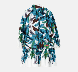 Luisa Cerano - Flower Print Long Sleeve Dress in Blue and Brown Multi