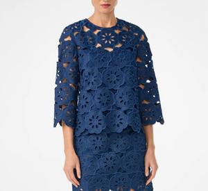 TRINA TURK - Cutwork Embroidered Top with Scallop Hem in Indigo