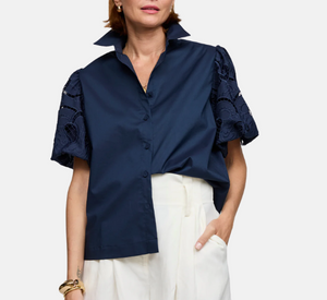 Hinson Wu - Angelina Elbow Sleeve Embroidered Eyelet Shirt in Navy