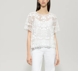 Luisa Cerano - Short Sleeve Lace Pull-on Blouse in Bleached White