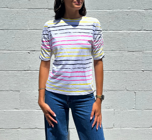 E.L.I. - Striped T-Shirt with Ruched Short Sleeves in Multi