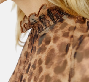 Oui - Mock Neck Animal Print Sheer Top in Camel and Grey