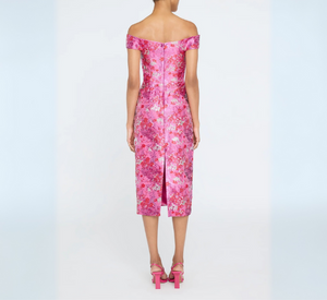 THEIA - Off Shoulder Midi Dress in Sweetheart Pink
