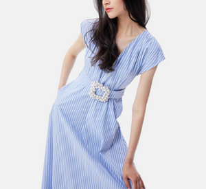 Theo - Echo Beaded Belt V-neck Shirtdress in Blue Stripe