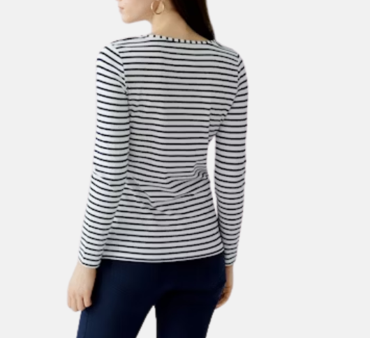Oui - Stripe Long Sleeve T-Shirt in Dark Blue and White