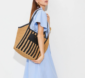 SUNCOO - Raffia Striped Tote Bag in Black and Beige