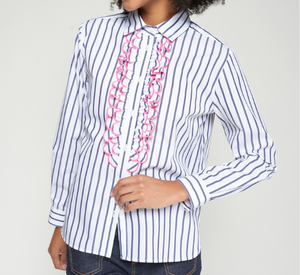Vilagallo - Striped Ruffle Blouse in Navy and White
