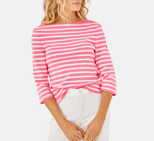 Saint James - Striped Top with 3/4 Sleeves in Neon Pink and White