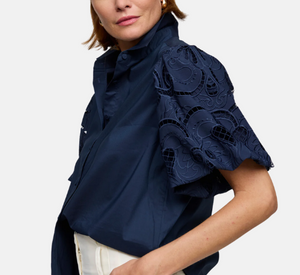 Hinson Wu - Angelina Elbow Sleeve Embroidered Eyelet Shirt in Navy
