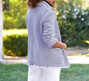 Frank & Eileen - Striped Sweatshirt Blazer with Pockets in White and Royal