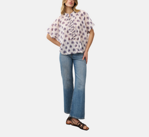 0039 Italy - Daisy Pattern Blouse with Ruffle Front in Cream, Purple, and Brown