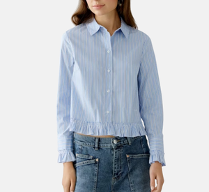 Oui - Stripe Ruffle Blouse in Light Blue and White