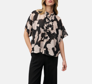 0039 Italy - Daisy Pattern Blouse with Ruffle Front in Black and Cream