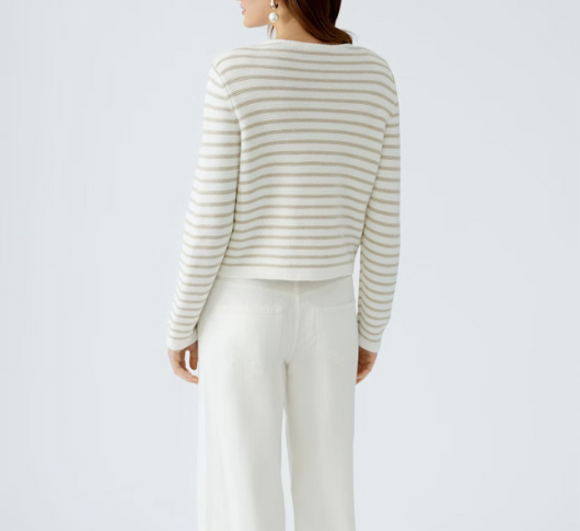 OUI - Knitted Cotton Cardigan in White and Camel