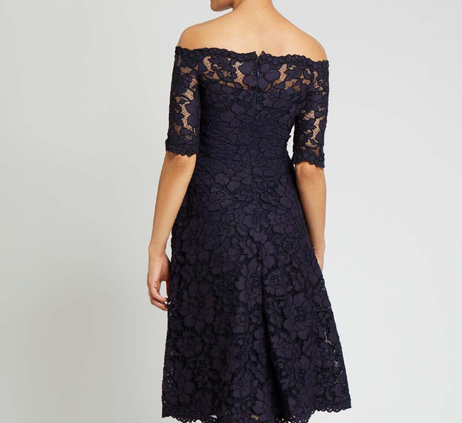
            
                Load image into Gallery viewer, Teri Jon - Off Shoulder Lace Navy Dress
            
        