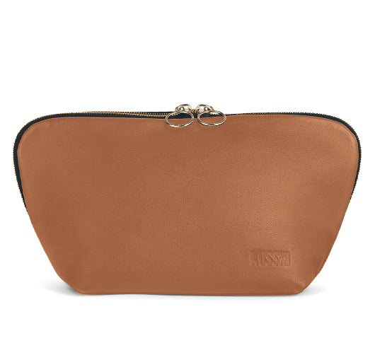 Kusshi - Leather Signature Makeup Bag in Camel/Red